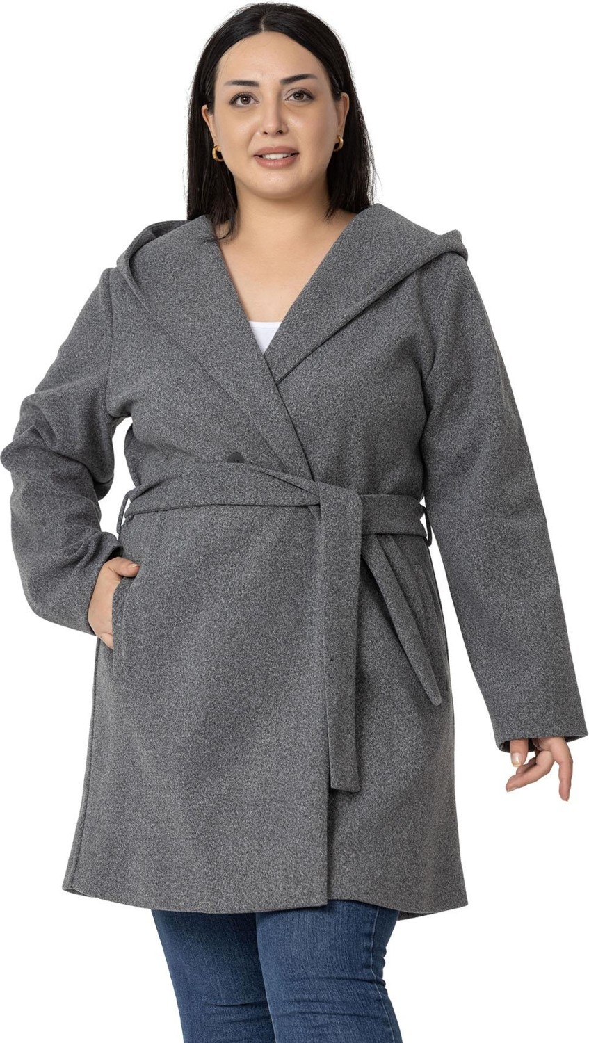 Disentis Modest Kadın Büyük Beden Kapüşonlu Antrasit Fleto Cepli Kuşaklı Polyester Kaban görsel 5