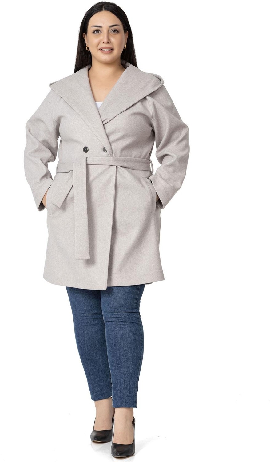 Disentis Modest Kadın Büyük Beden Kapüşonlu Antrasit Fleto Cepli Kuşaklı Polyester Kaban