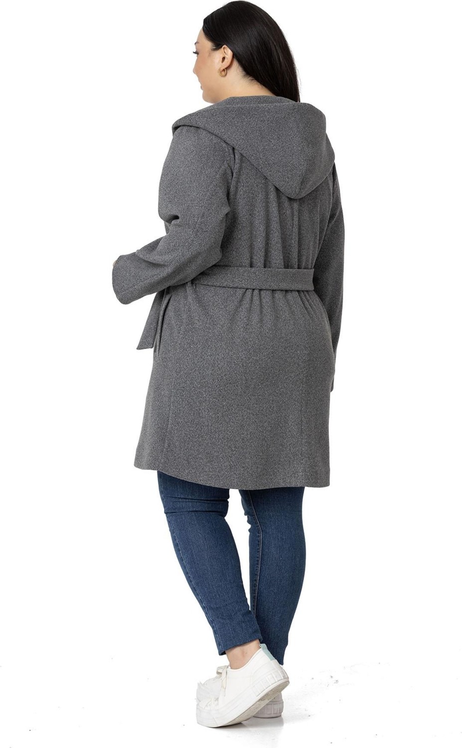 Disentis Modest Kadın Büyük Beden Kapüşonlu Antrasit Fleto Cepli Kuşaklı Polyester Kaban görsel 3