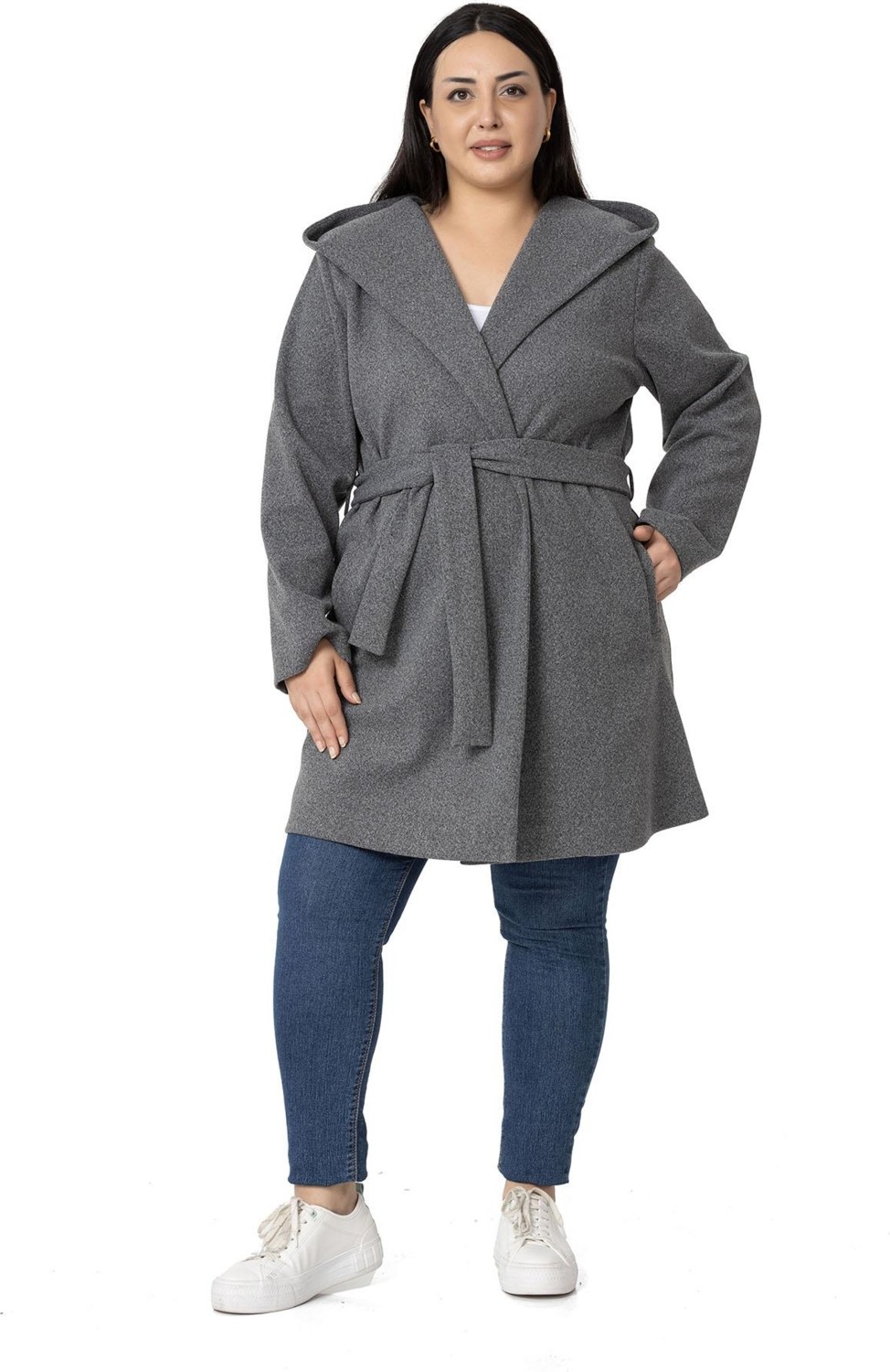 Disentis Modest Kadın Büyük Beden Kapüşonlu Antrasit Fleto Cepli Kuşaklı Polyester Kaban