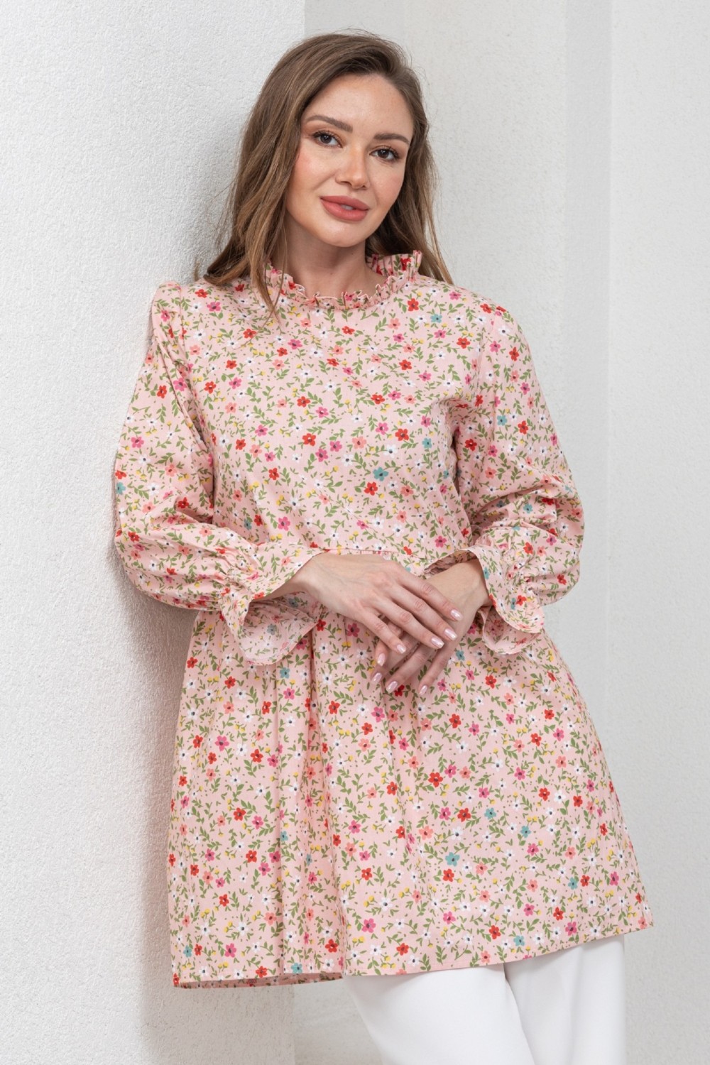 Küçüğüm Butik Çiçekli Fırfır Yakalı Poplin Tunik Kadın İçin Pudra Renk L - XL Beden