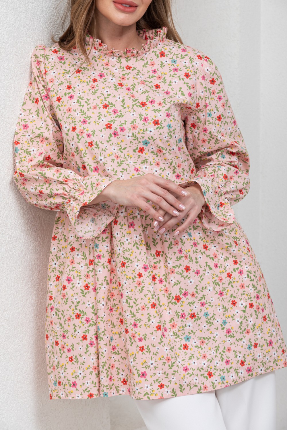 Küçüğüm Butik Çiçekli Fırfır Yakalı Poplin Tunik Kadın İçin Pudra Renk L - XL Beden görsel 2