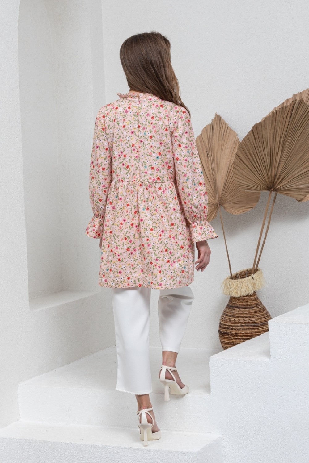 Küçüğüm Butik Çiçekli Fırfır Yakalı Poplin Tunik Kadın İçin Pudra Renk L - XL Beden görsel 3