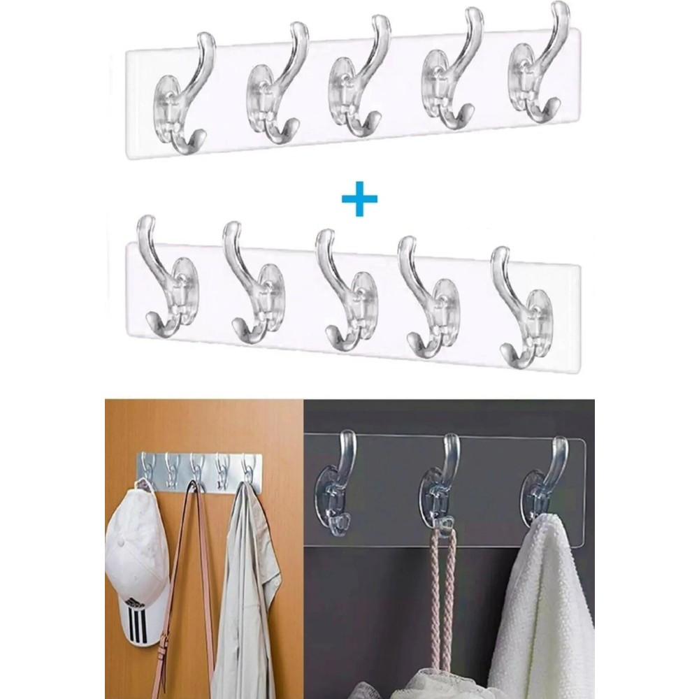 YDGR 2 Adet Şeffaf Askılık Duvar Askısı 5'li Iz Bırakmayan Güçlü Yapışkanlı Banyo Mutfak Kanca