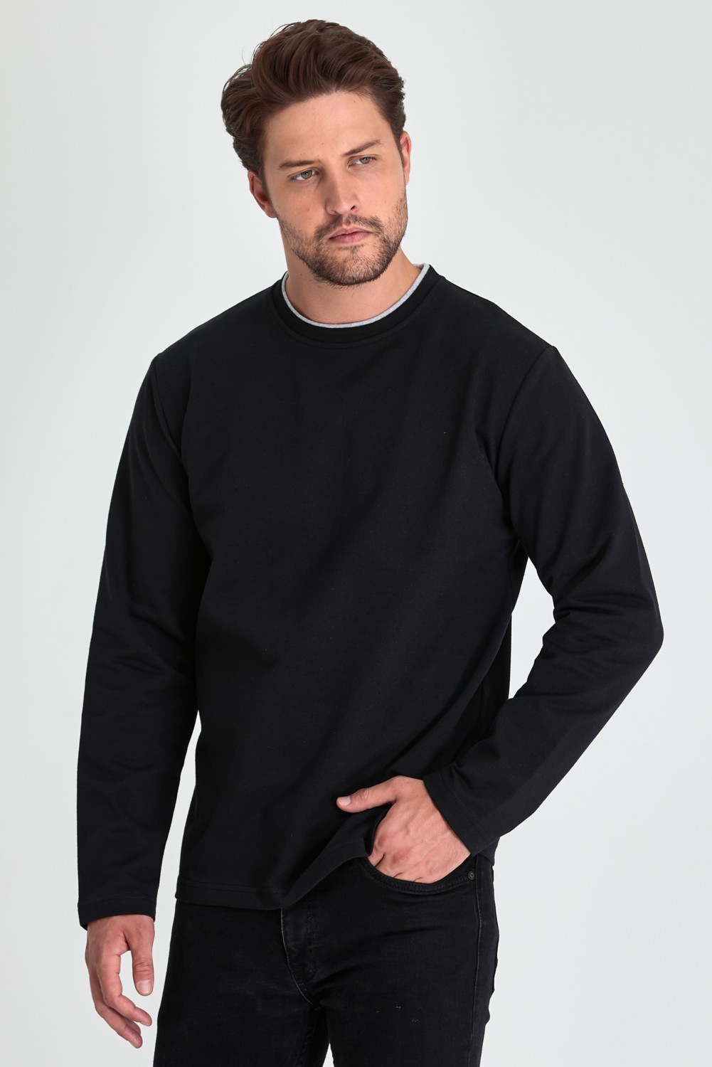 Mmetalic Erkek Siyah Çift Bisiklet Yaka Standart Rahat Kesim Sweatshirt
