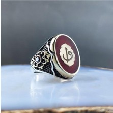 Vogutima Vog Vav Elif Işlemeli Kırmızı Mineli 925 Ayar Erkek Gümüş Yüzük