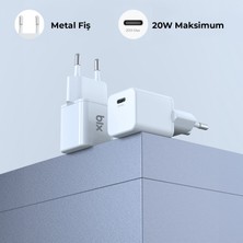 Bix BX20G GaN Mini 20W Type-C PD Hızlı Şarj Cihazı Beyaz iPhone 12, 13, 14, 15, Xiaomi, Huawei, Samsung Galaxy S23 Ultra/S22, iPad Pro, Tab A8, Pixel, HomePod vb. ile uyumlu