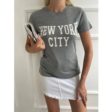 Key Moda Kadın Basic Tişört Newyork City Baskılı Gri