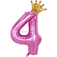 Parti Station Pembe Taçlı Rakam Balon Seti Pembe 4 Yaş Balon Set Doğum Günü Balon Seti