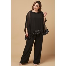 Moda Alba 2077 Pelerinli Bluz - Pantalon Bel Lastikli Büyük Beden Takım