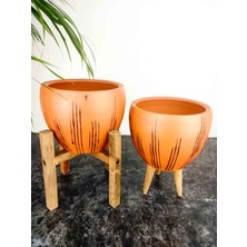 Bitki Tasarımı Ev Dekorasyon Siyah Çizgi Desenli Terakota Toprak Saksı Saksılık Salon Çiçeklik Ikili Set 3 Ayaklı, 4 Ayaklı 12 cm