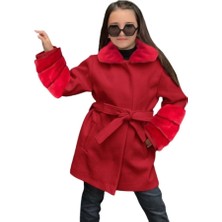 Riccotarz Kız Çocuk Yakası ve Kol Uçları Peluş, Gizli Düğme Detaylı Kırmızı Kaşe Kaban