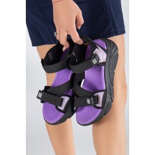 Sandal Spor Kadın Günlük Faylon Dolgu Taban Cırtlı Spor Günlük Sandalet SS001-0148 Siyah Mor