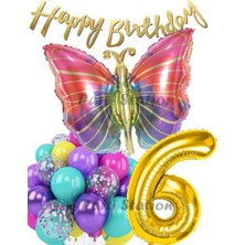 Parti Station Rengarenk Kelebek 6 Yaş Balon Set Colorfull Butterfly Gökkuşağı Konsept Parti Doğum Günü Balon Seti