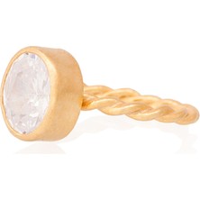 Gümüşcüm Beyaz Topaz Taşlı Altın Kaplama Burgu Oval Bayan Gümüş Yüzük