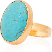 Gümüşcüm Firuze Taşlı Altın Kaplama Oval Bayan Gümüş Yüzük