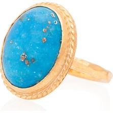 Gümüşcüm Firuze Taşlı Altın Kaplama Oval Bayan Gümüş Yüzük Modeli