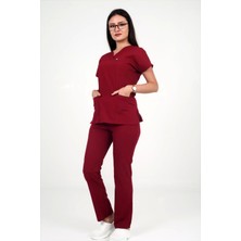 Deniz Iş Kadın Terycotton Yarasakol Bordo Renk Scrubs Takım