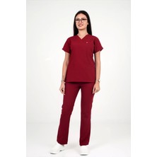 Deniz Iş Kadın Terycotton Yarasakol Bordo Renk Scrubs Takım
