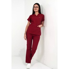 Deniz Iş Kadın Terycotton Yarasakol Bordo Renk Scrubs Takım