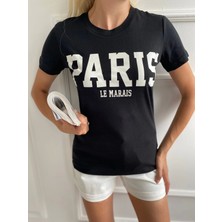 Key Moda Kadın Basic Tişört Paris Le Maraıs Baskılı Siyah