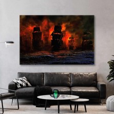 SML Tablo Gece Denizde Ilerleyen Dumanarın Içinde Gemiler Yatay Kanvas Tablo