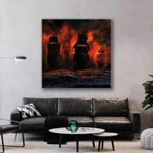 Gece Denizde Dumanarın Içindeki Gemiler Kare Kanvas Tablo