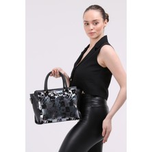 Morpelikan Siyah Süet Baskı Desenli Kadın El Omuz Çantası