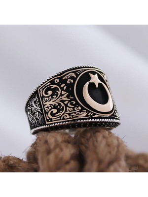 Vogutima Vog Ay Yıldız Motifli Yanı Işlemeli Özel Seri 925 Ayar Erkek Gümüş Yüzük
