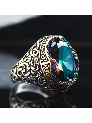 Vogutima Vog Karışık Renk Mistik Topaz Yanı Desen Işlemeli Özel Seri 925 Ayar Erkek Gümüş Yüzük