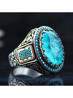 Vogutima Vog Turkuaz Paraiba Taşlı Mikro Taş Işlemeli Özel Seri 925 Ayar Erkek Gümüş Yüzük