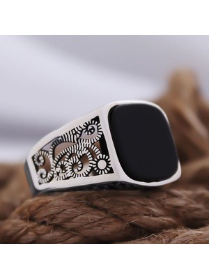 Vogutima Vog Siyah Oniks Taşlı Sarmaşık Desen Özel Seri 925 Ayar Erkek Gümüş Yüzük