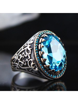 Vogutima Vog Turkuaz ve Blue Zirkon Taşlı Yanı Işlemeli Özel Seri 925 Ayar Erkek Gümüş Yüzük