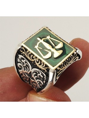 Vogutima Vog Adalet Terazisi Yeşil Mineli  925 Ayar Gümüş Erkek Yüzük