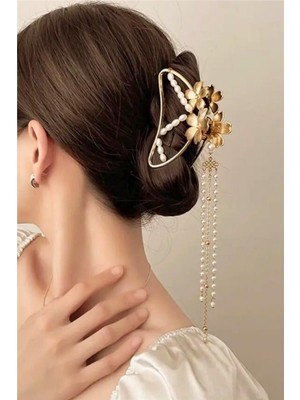 Petek Aksesuar Incili Metal Çiçek  Sallantılı Mandal Toka