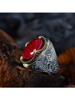 Vogutima Vog Kırmızı Paraiba Taşlı Erzurum Kalem Işlemeli Gümüş Erkek Yüzük