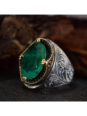 Vogutima Vog Yeşil Paraiba Taşlı Erzurum Kalem Işlemeli Gümüş Erkek Yüzük