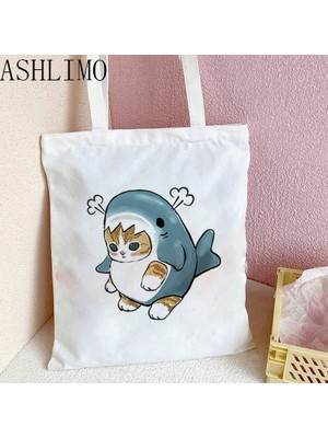 Masoffy1 C468 Kawaii Köpekbalığı Kedi Alışveriş Kadın Kanvas Bolsa Shopper Bolso Alışveriş Yüksek Kapasiteli Tote den Kullanılabilir Ecobag Çantası (Yurt Dışından)