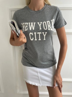 Key Moda Kadın Basic Tişört Newyork City Baskılı Gri