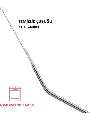 Peanelife Çelik Pipet Paslanmaz Çelik Metal Meşrubat Pipeti ve Pipet Temizleme Fırçası Seti 5 Parça