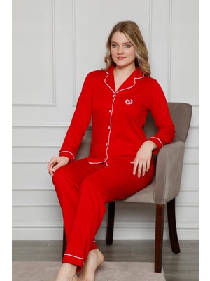 Alimer Kadın Kırmızı Gömlek Yaka Pijama Takımı