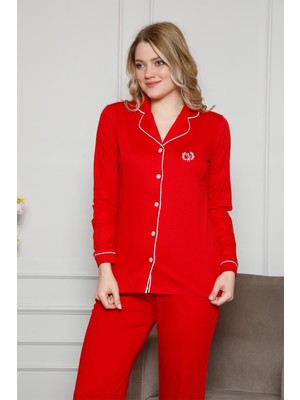 Alimer Kadın Kırmızı Gömlek Yaka Pijama Takımı