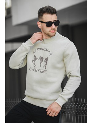 Oksit Strong Man Nakışlı Üç Iplik Şardonlu Yarım Balıkçı Yaka Erkek Sweatshirt