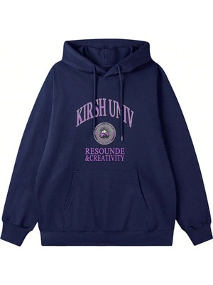 Trendseninle Kadın Lacivert Resounde Creativity Baskılı Kapüşonlu Sweatshirt