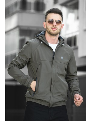 Oksit Bailey Suya Dayanaklı Slim Fit Erkek Kapüşonlu Kısa Mevsimlik Mont Haki Düz Desenli