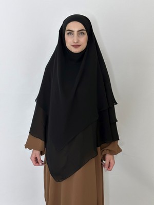 R&S Modibone Üç Katlı Hazır Peçeli Sufle Khimar Şifon  Esarp 4 Ipli Siyah Renk