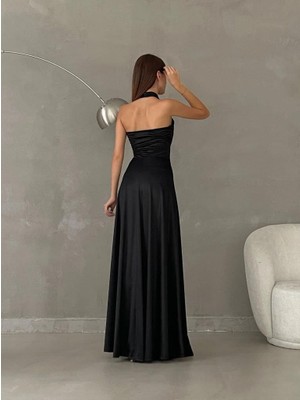 Mafdress Boyun Bağlamalı Saten Siyah Abiye Elbise