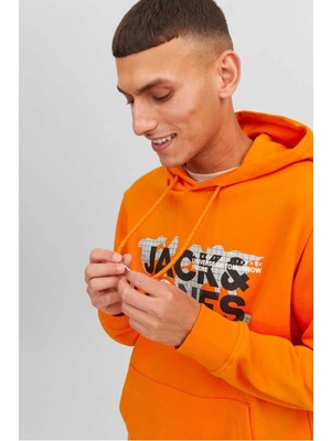 Jack & Jones 12240214 Kapsonlu Erkek Sweat - Turuncu