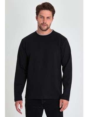 Mmetalic Erkek Siyah Çift Bisiklet Yaka Standart Rahat Kesim Sweatshirt