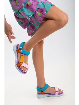 Sandal Spor Kadın Kısa Topuk Rahat Taban Cırtlı Günlük Spor Sandalet SS001-0158 Pembe Mavi